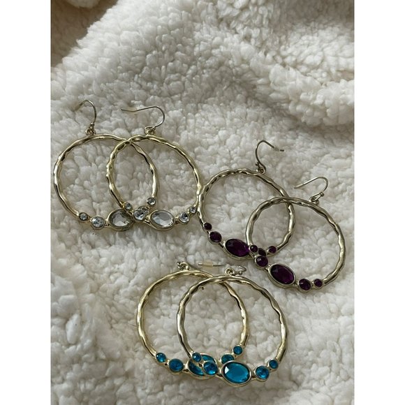 Vintage Gold Tone Faux Gemstone Hoop Dangle Earrings - 3 Pairs - Picture 3 of 8